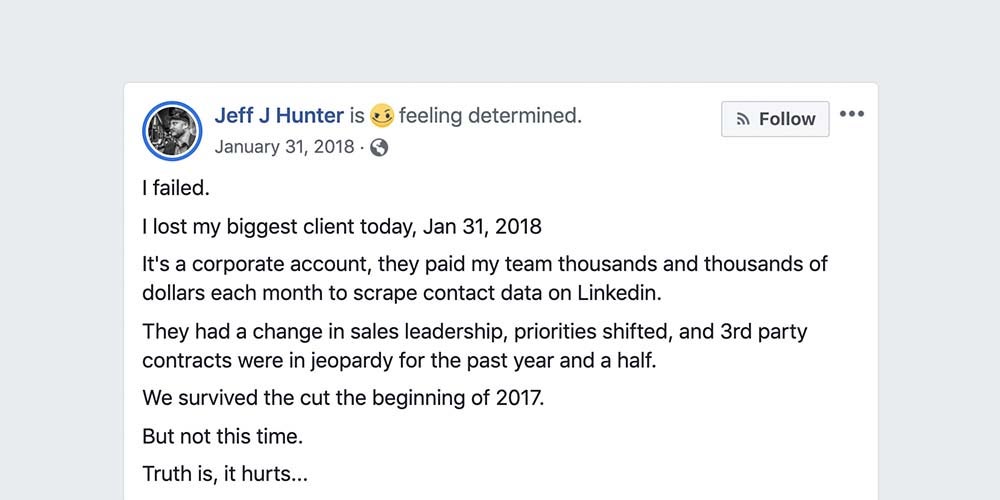 Jeff Hunter Facebook post on transparency in marketing 
