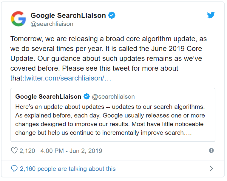 Google Announce June 2019 Core Update