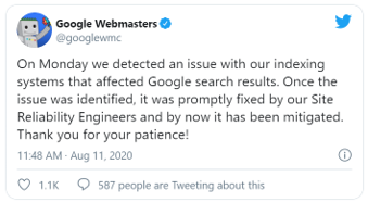 Google August 2020 Indexing Issues Announcement