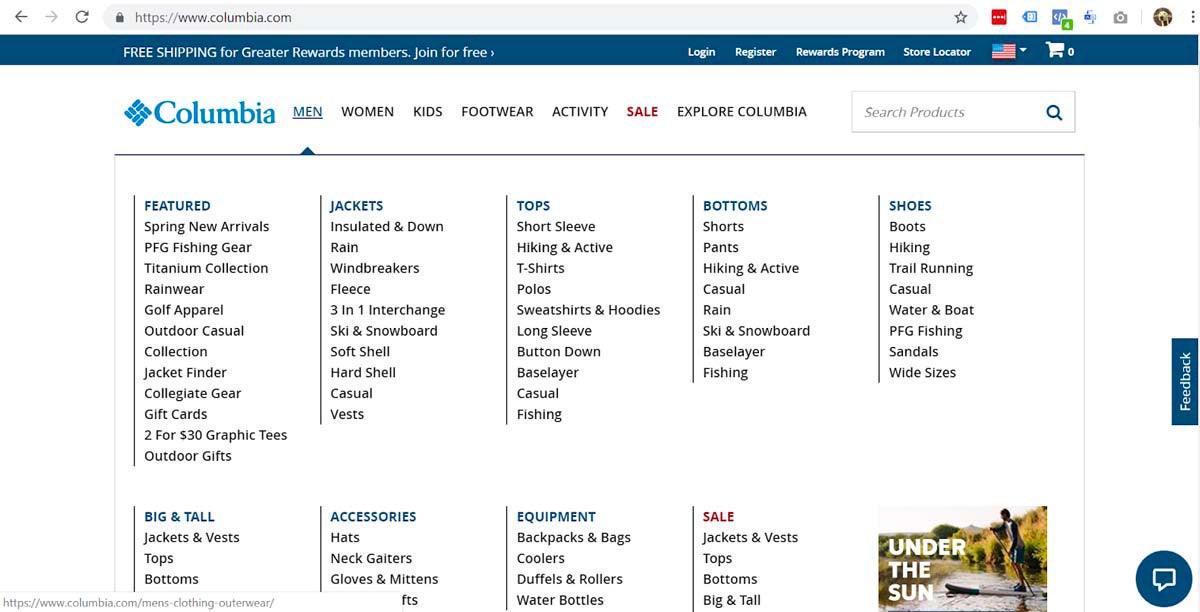 Screenshot of Columbia website depicting complicated menu navigation