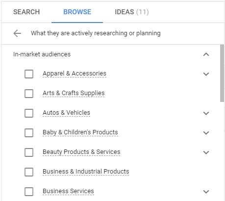 screenshot of Google Ads In-Market Audiences