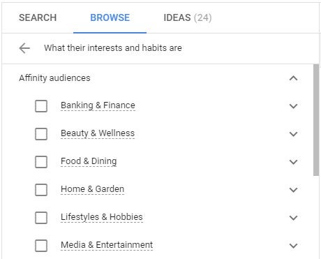 screenshot of Google Ads Affinity Audiences