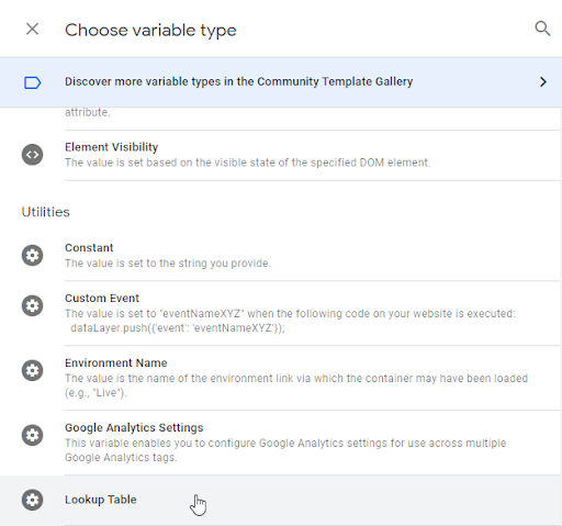screenshot of lookup table field in GTM